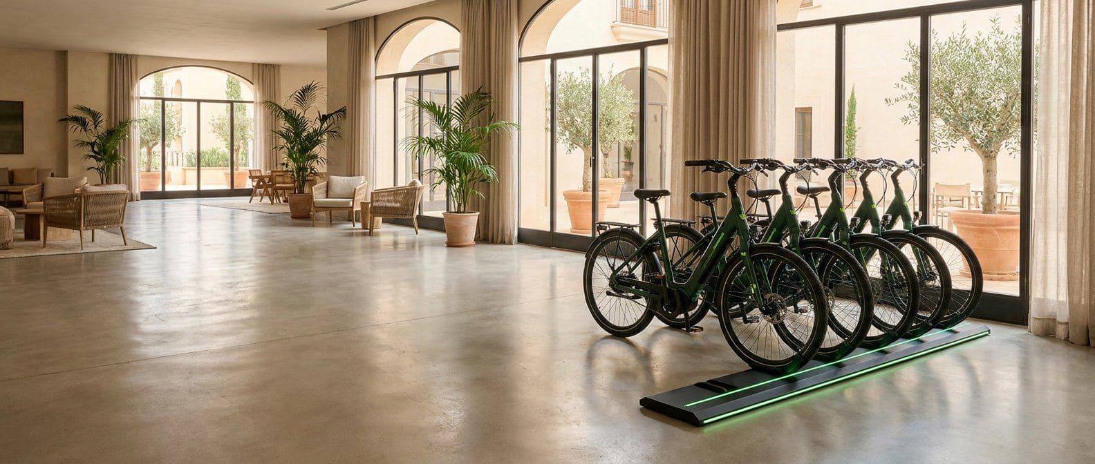 Estación Belora Go de 5 e-bikes sobre su base de carga, instalada en el lobby de un hotel.
